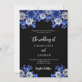 Zwart koningsblauw bloemenbruiloft kaart (Voorkant)
