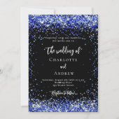 Zwart koningsblauw confetti bruiloft kaart (Voorkant)