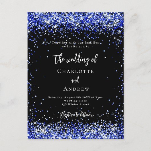 Zwart koningsblauw confetti bruiloft uitnodiging briefkaart (Voorkant)