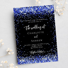 Zwart koningsblauw confetti luxe bruiloft kaart