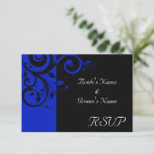 Zwart/Koninklijk Blauw Omgekeerde Swirl Bruiloft RSVP Kaartje (Staand voorkant)