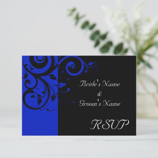 Zwart/Koninklijk Blauw Omgekeerde Swirl Bruiloft RSVP Kaartje (Staand voorkant)