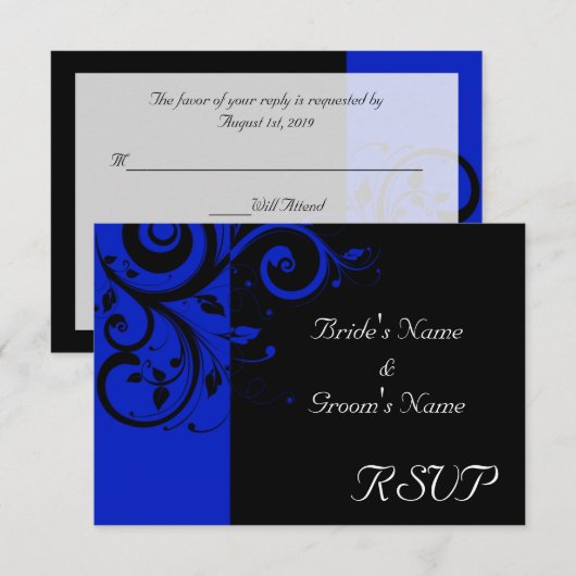 Zwart/Koninklijk Blauw Omgekeerde Swirl Bruiloft RSVP Kaartje (Voorkant / Achterkant)