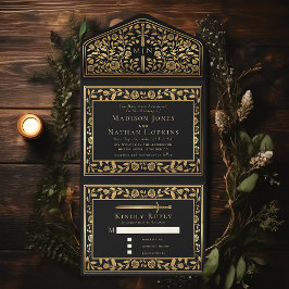 Zwart koninklijk middeleeuws zwaardhuwelijk all in one uitnodiging