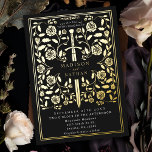 Zwart koninklijk middeleeuws zwaardhuwelijk folie uitnodiging<br><div class="desc">Vier uw speciale dag met deze Royal Medieval Sword Wedding design. Dit ontwerp is voorzien van een lijst met een zwaard en bloemetjes. De achterkant van dit product is afgedrukt in platte kleuren en is GEEN echte folie.</div>