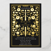 Zwart koninklijk middeleeuws zwaardhuwelijk folie uitnodiging (Voorkant)