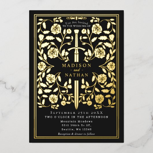 Zwart koninklijk middeleeuws zwaardhuwelijk folie uitnodiging (Voorkant)