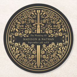 Zwart koninklijk middeleeuws zwaardhuwelijk ronde kartonnen onderzetter