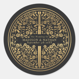 Zwart koninklijk middeleeuws zwaardhuwelijk ronde sticker