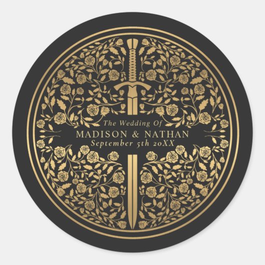 Zwart koninklijk middeleeuws zwaardhuwelijk ronde sticker (Voorkant)