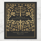 Zwart koninklijk middeleeuws zwaardhuwelijk wijn etiket (Enkel label)