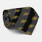 Zwart & koolzuur Grijze band Gold Lion Embleem Stropdas (Opgerold)