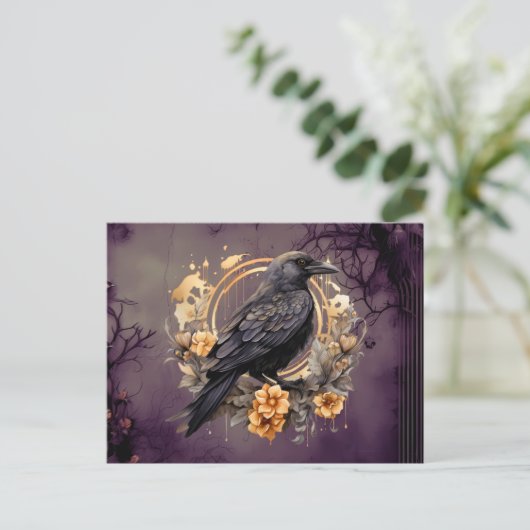 Zwart Kraai Goud Grijs Bloemen Bladgroen Halloween Feestdagenkaart (Staand voorkant)
