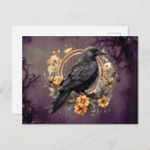 Zwart Kraai Goud Grijs Bloemen Bladgroen Halloween Feestdagenkaart (Voorkant / Achterkant)