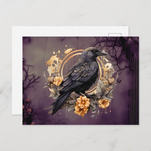 Zwart Kraai Goud Grijs Bloemen Bladgroen Halloween Feestdagenkaart (Voorkant / Achterkant)