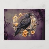 Zwart Kraai Goud Grijs Bloemen Bladgroen Halloween Feestdagenkaart (Voorkant)