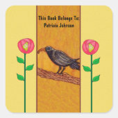 Zwart Kraai op Tak Abstract Rood Bloemen Geel Vierkante Sticker (Voorkant)