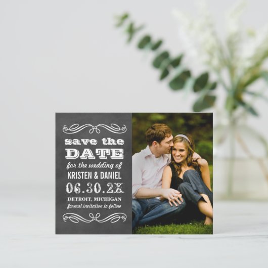  zwart krijtbord bruiloft foto save the date (Staand voorkant)