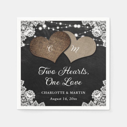 Zwart krijtbord burlap kant monogram bruiloft servet (Voorkant)