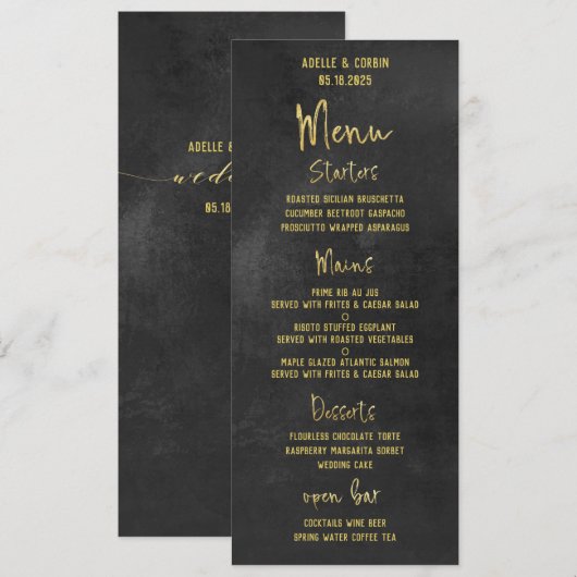 Zwart krijtbord & goud Fancy kalligrafie Script Menu (Voorkant / Achterkant)