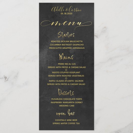 Zwart krijtbord & gouden kalligrafie bruiloft menu (Voorkant)