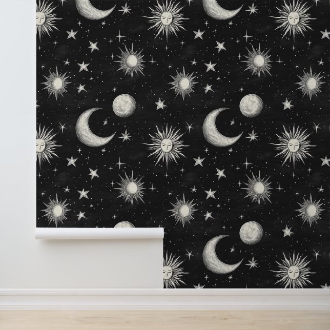  Zwart Krijtbord Night Sky Stars & Moons Behang (Applicatie)
