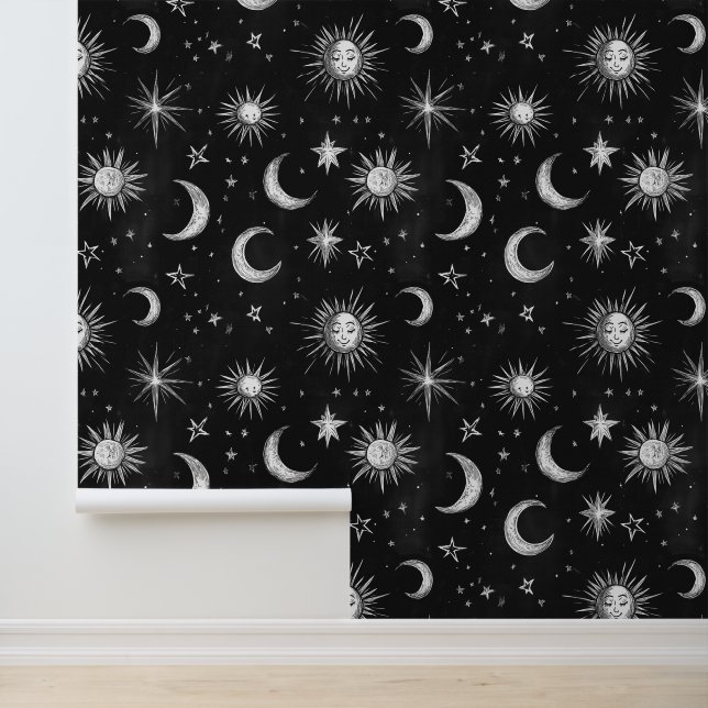  Zwart Krijtbord Night Sky Stars & Moons Behang (Applicatie)