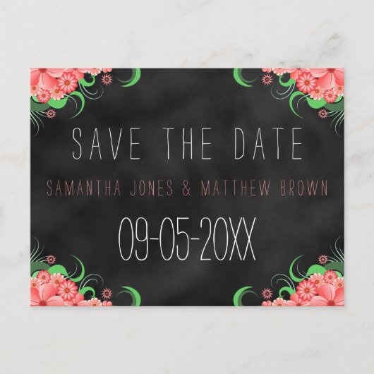 Zwart krijtbord Roze Bloem Save The Date Kaart (Voorkant)