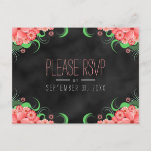 Zwart Krijtbord Roze Bloemen RSVP Reageer Briefkaa Uitnodiging Briefkaart