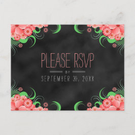 Zwart Krijtbord Roze Bloemen RSVP Reageer Briefkaa Uitnodiging Briefkaart