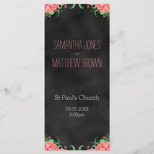 Zwart krijtbord roze bloemenbruiloft programma Kaa Programmakaart (Voorkant)