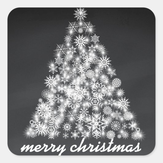 Zwart krijtbord Sparkly Christmas Sneeuwvlokboom Vierkante Sticker (Voorkant)