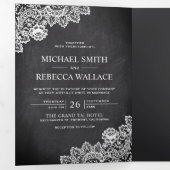 Zwart Krijtbord Witte Lace Trouwfoto Drieluik Uitnodiging (Binnenzijde eerst)