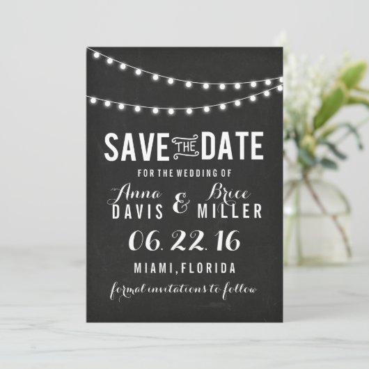 Zwart krijtbord Zomer String Light Save the Date (Staand voorkant)