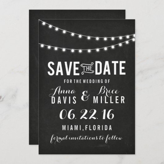 Zwart krijtbord Zomer String Light Save the Date (Voorkant / Achterkant)