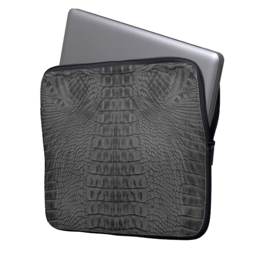 Zwart krokodilleder laptop sleeve (Voorkant Links)