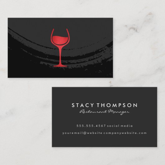 Zwart kunstgeborsteld zwart op rood wijnglas visitekaartje (Voorkant / Achterkant)