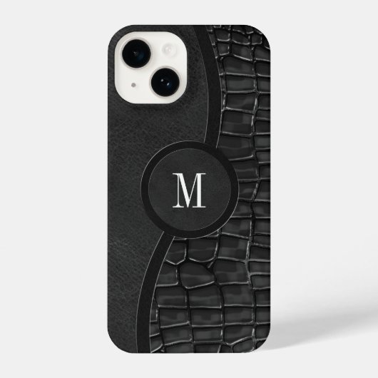 Zwart kunstleder Alligator Skin Luxe Monogram iPhone Hoesje (Achterkant)