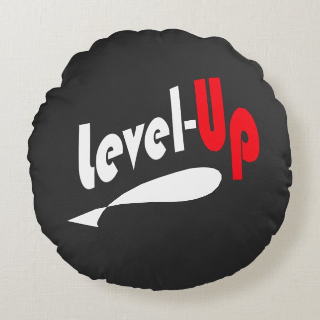 Zwart kussenhoes met Level-Up tekst Rond Kussen (Voorkant)