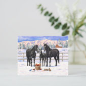 Zwart kwartier paarden in sneeuw uitnodiging (Staand voorkant)