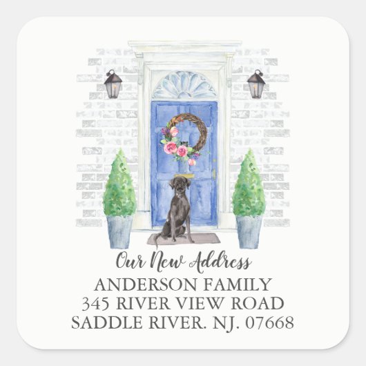 Zwart Lab Blauw Deur Nieuw Adreslabel Sticker (Voorkant)