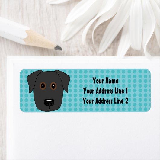 Zwart Lab gezicht met blauwe Stippen achtergrond Etiket (Insitu)