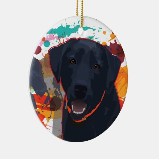 Zwart lab grafisch portret met gesplatterde verf keramisch ornament (Rechts)