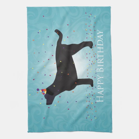 Zwart lab Happy Birthday-ontwerp Theedoek (Verticaal)