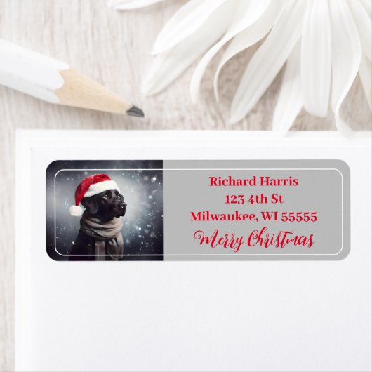  zwart lab in sjaal en kerstmuts etiket (Insitu)