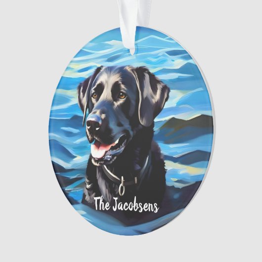 Zwart lab in water ornament (voorkant)