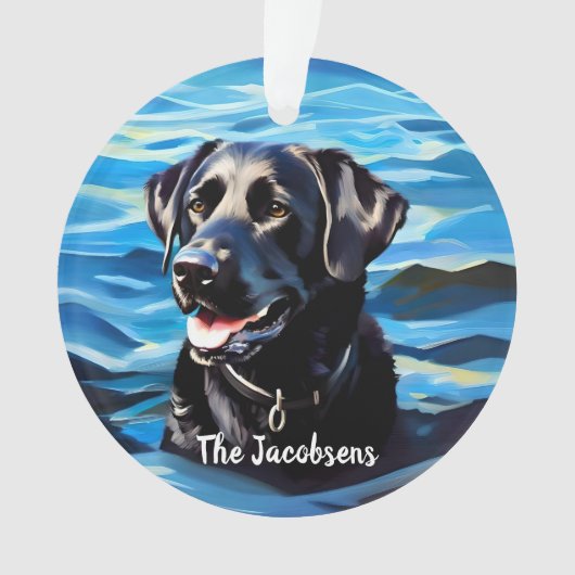 Zwart lab in water ornament (voorkant)