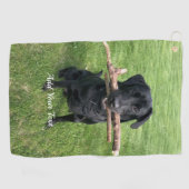 Zwart lab met twee sticks Dog Foto en naam Golfhanddoek (Horizontaal)