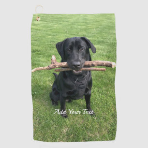 Zwart lab met twee sticks Dog Foto en naam Golfhanddoek