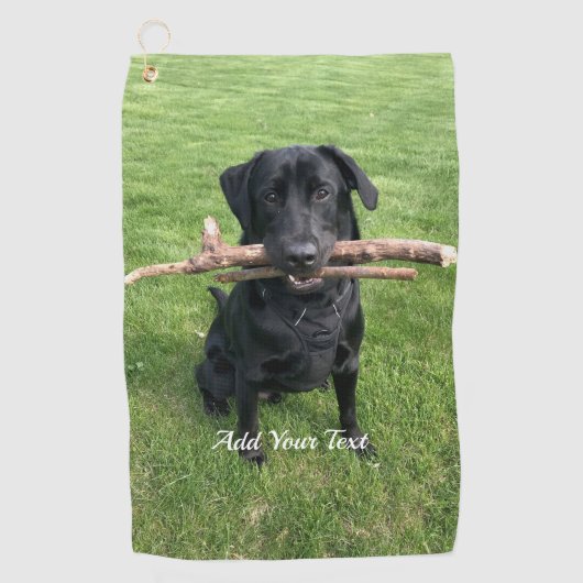 Zwart lab met twee sticks Dog Foto en naam Golfhanddoek (Voorkant)